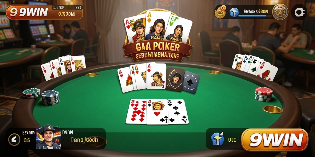 Screenshot gameplay 9WIN menampilkan aksi poker seru dan interaksi pemain.
