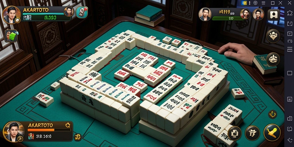 Tangkapan layar menampilkan gameplay seru AKARTOTO dengan ubin Mahjong yang berwarna-warni.