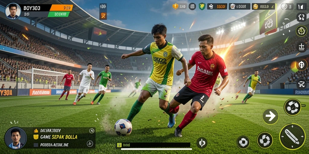 Screenshot gameplay BOY303 menampilkan aksi sepak bola yang mendebarkan.