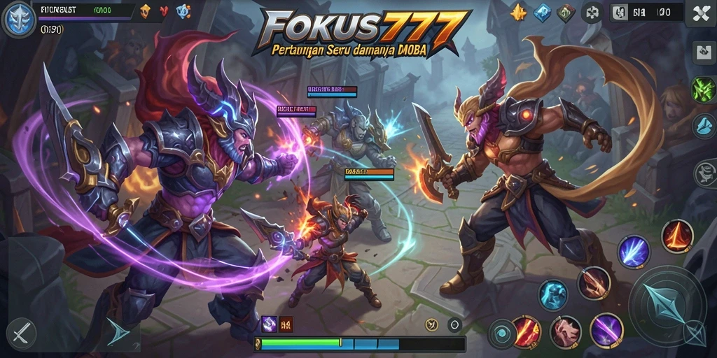 Tampilan gameplay seru dalam FOKUS777 dengan aksi MOBA yang dramatis.
