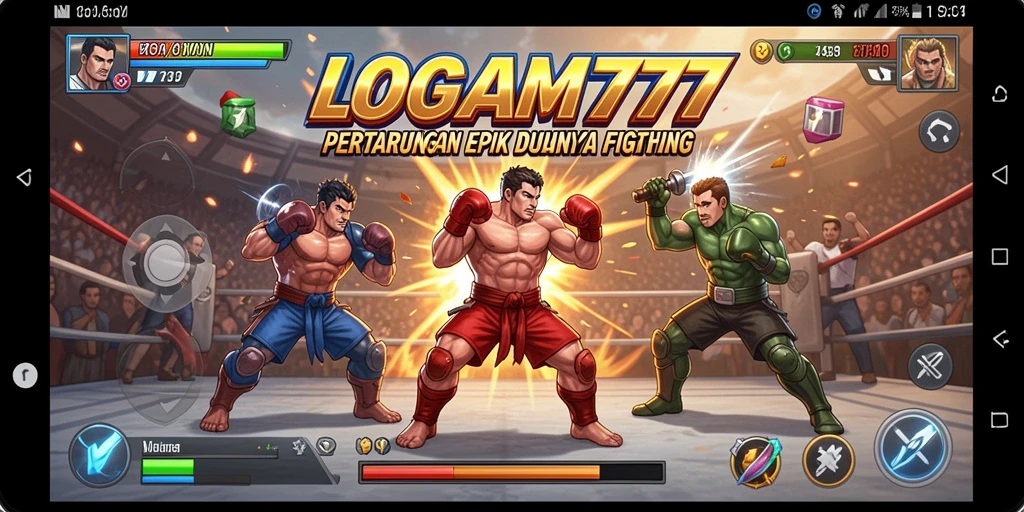 Tampilan gameplay LOGAM777 dengan pertarungan spektakuler dan karakter unik.