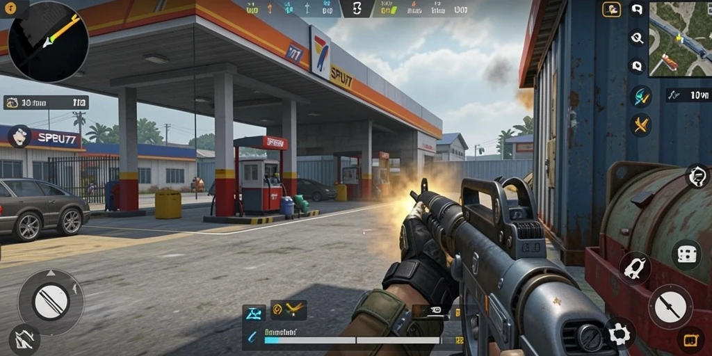 Screenshot gameplay SPBU77 dengan aksi tembak-menembak seru.