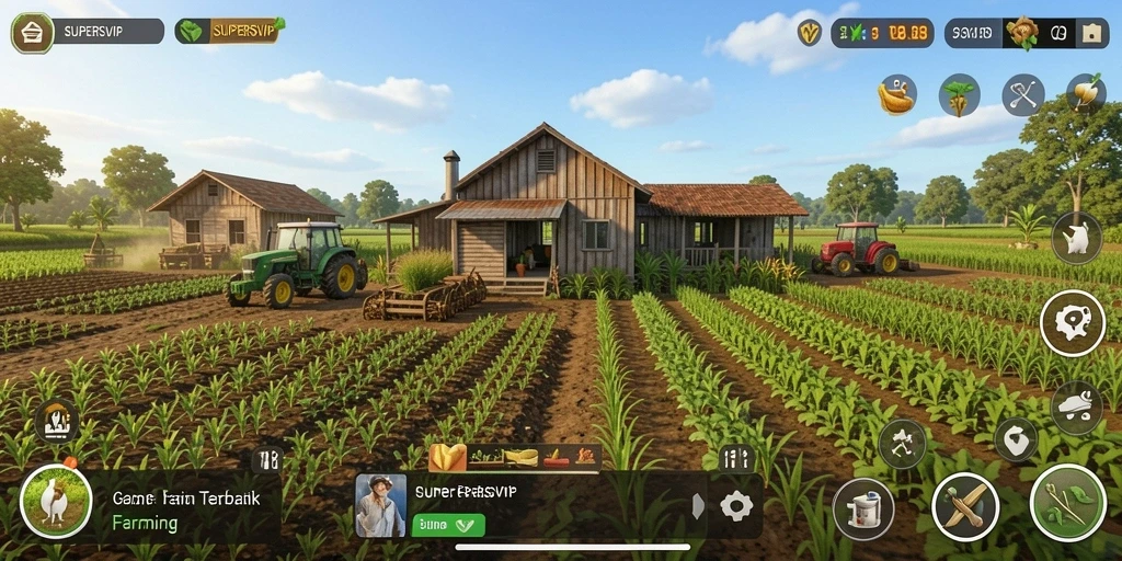 Screenshot utama menampilkan aktivitas berkebun yang seru dalam SUPERSVIP.